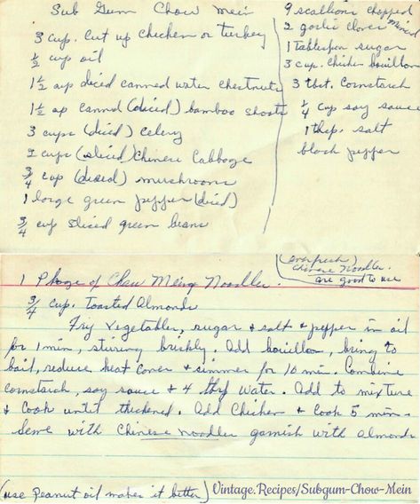 This is a handwritten recipe card for the American Chinese dish - Subgum Chow Mein.  This recipe includes chicken or turkey, bamboo shoots, Chinese cabbage, water chestnuts, and Chow Mein Noodles. #SubgumChowMein #Subgum #ChowMein #Chicken #Turkey #Chinese #VintageRecipe #Vintage #Recipe Chicken Subgum Recipe, Chicken Subgum Chow Mein Recipe, Chicken Subgum, Subgum Chow Mein Recipe, Chow Mein Recipe, Almond Chicken, Traditional Thanksgiving Menu, Chicken Chow Mein, Chicken Bouillon