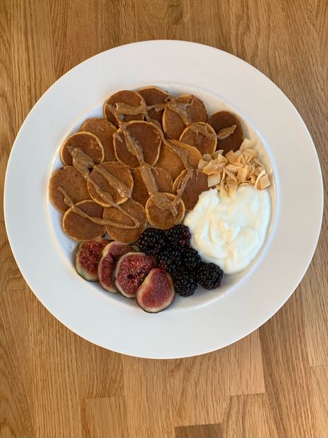 Fig Breakfast, Fig Peanut Butter Chocolate, Coconut Protein, Mini Pancakes, Coconut Almond, Agave Syrup, Protein Pancakes, Vanilla Yogurt, Coconut Flakes