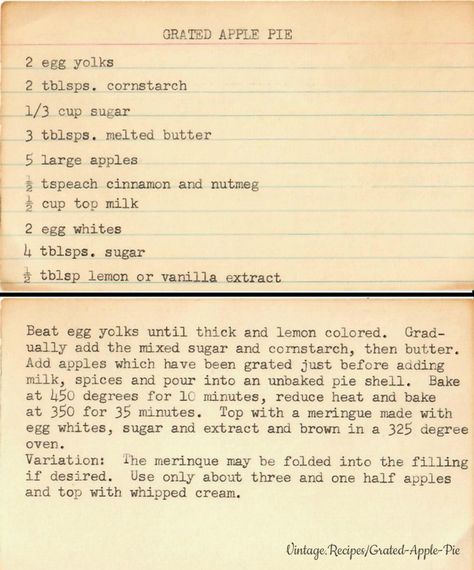 Old Fashion Apple Pie Recipe, Vinegar Pie Old Fashioned, Vintage Apple Pie Recipe, Grandma Opal Apple Pie, Odd Recipes, Eggnog Pie, Vintage Recipe Cards, Oatmeal Muffin, German Apple Pie 1894