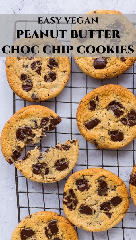 Vegan peanut butter chocolate chip cookies – chewy in the middle and crispy around the edges, these peanut butter cookies are easy to make and very, very moreish! #vegancookies #veganbaking #eggless #dairyfree #chocolatechip Peanut Butter Cookies With No Eggs, Vegan Peanut Butter Chocolate Chip, Chocolate Chip Cookies Eggless, Peanut Butter Cookies Eggless, Vegan Chocolate Peanut Butter Cookies, Vegan Chocolate Chip Cookies No Butter, Vegan Chocolate Chip Peanut Butter Cookies, Eggless Peanut Butter Cookies, Chewy Peanut Butter Cookie Recipe