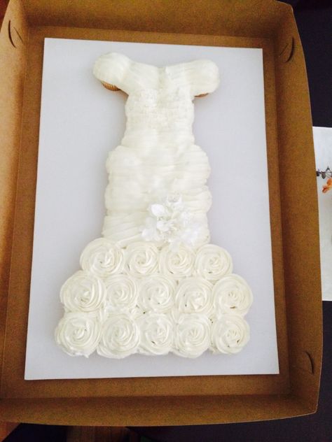 First attempt at a wedding dress cupcake cake - Jessica's bridal shower! Wedding Dress Cupcake Cake, Cupcake Shapes, Dress Cupcake Cake, Cupcake Wedding Dress, Wedding Shower Cupcakes, Dress Cupcakes, Wedding Dress Cupcakes, Baby Shower Cupcakes For Girls, Bride Cake