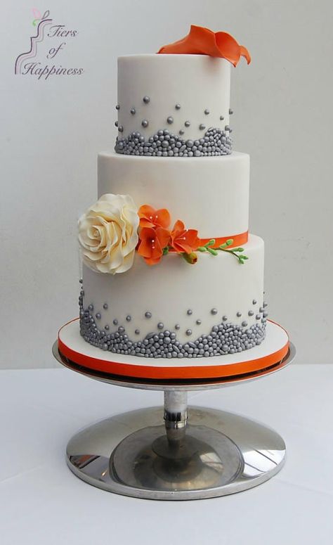 Burnt Orange and Silver Bead Wedding Cake - Cake by Tiers Of Happiness Orange Grey Wedding, Berkshire England, Orange Wedding Cake, Orange And Silver, Silver Wedding Cake, Wedding Cake Pops, Burnt Orange Weddings, Beautiful Halloween, Eclectic Wedding