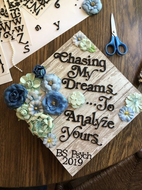 Graduation Cap Designs Double Major, Graduation Cap Counseling, Bachelors Psychology Graduation Cap, Psych Graduation Cap Ideas, Bs Psychology Graduation Cap, College Graduation Cap Ideas Psychology, Psych Grad Caps, Psych Major Graduation Cap, Master Of Social Work Graduation Cap