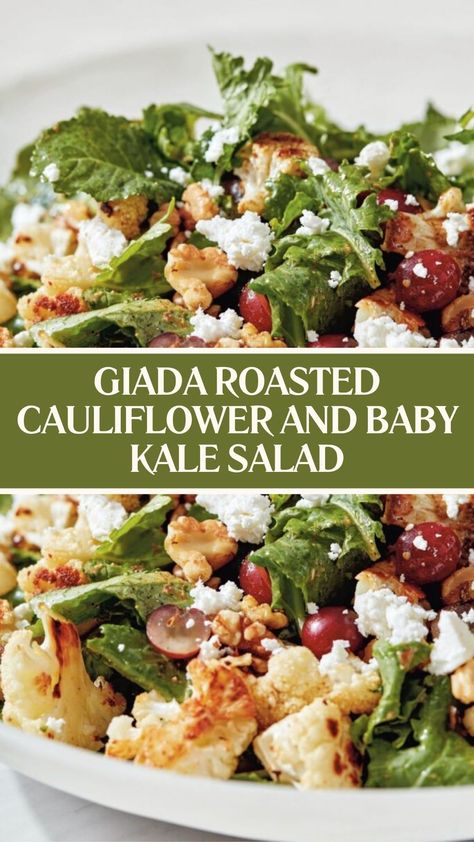 Giada Roasted Cauliflower and Baby Kale Salad Giada Salad, Baby Kale Salad Recipes, Baby Kale Recipes, Baby Kale Salad, Massaged Kale Salad, Giada Recipes, Massaged Kale, Kale Salad Recipes, Baby Kale