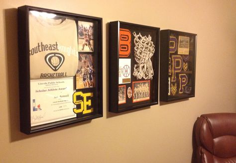 Keepsake sports memorabilia shadowboxes for den or man cave Sports Shadow Box Ideas High Schools, Sport Shadow Box Ideas, Sports Shadow Box Ideas, How To Make A Shadow Box Display, Sports Shadow Boxes, Sports Memorabilia Display, Shadow Box Ideas, Townhouse Ideas, Memorabilia Display