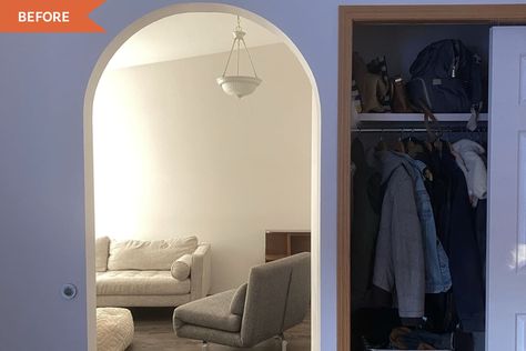 Before and After: A Closed-Off Living Room Gets an Airy, Open New Look | Apartment Therapy Homestead House, Hawaiian Homes, Big Closets, Built In Cabinet, Faux Beams, Living Room Redo, Side Tables Bedroom, Butcher Block Countertops, Room Redo