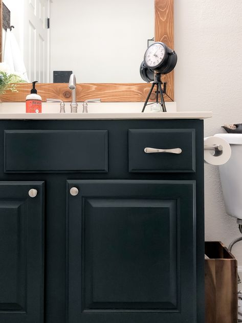 UPDATING OUR BUILDER’S GRADE VANITY – With Love, Mercedes Apron Sink Bathroom, Black Paint Bathroom, Dark Bathroom Vanity, Paint Bathroom Vanity, Dark Vanity, Best Snap, Bathroom Dark, Painted Vanity Bathroom, Paint Bathroom