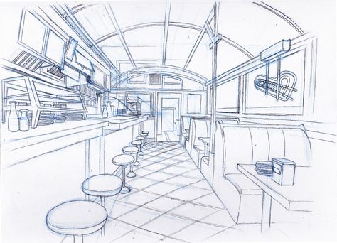 Cafe Inside Drawing, Diner Drawing, Drawn Backgrounds, 1 Point Perspective Drawing, Bar Drawing, Environmental Artwork, Interior Architecture Sketch, Perspective Drawings, Live Sketching