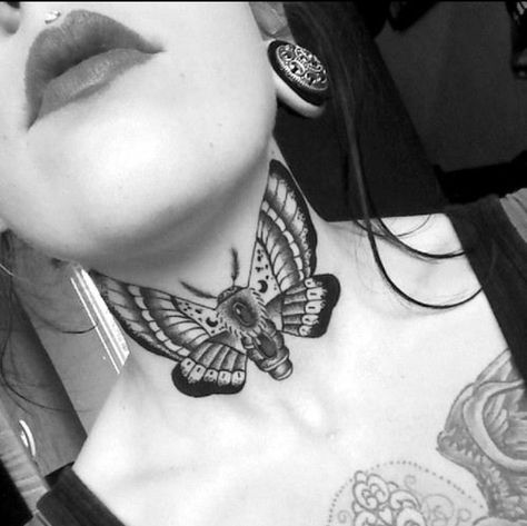 Moth, but not on neck Neck Tattoos Women Throat Butterfly, Butterfly Neck Tattoo, Tattoo Sonne, Nape Tattoo, Throat Tattoo, Insect Tattoo, Neck Tattoos Women, Moth Tattoo, Disney Tattoo