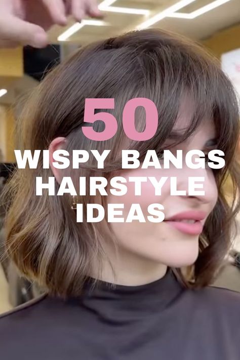 A woman with a chic bob haircut styled with soft wispy bangs, creating a modern and feminine look. Hairstyles With Wispy Bangs, Soft Wispy Bangs, Bold Bangs, Choppy Fringe, Rachel Miller, 50 Hairstyles, Chic Bob, Bangs Hairstyle, Full Fringe