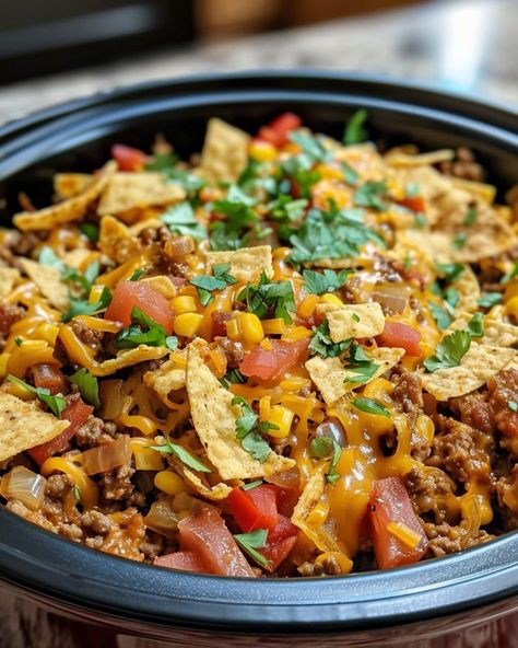 Slow Cooker Frito Pie, Best Summer Crockpot Recipes, Mexican Dishes For Potluck, Recipes With Taco Meat, Mexican Slow Cooker Recipes, Cold Potluck Dishes, Mexican Crockpot Recipes, Frito Chili, Cooktop Cove