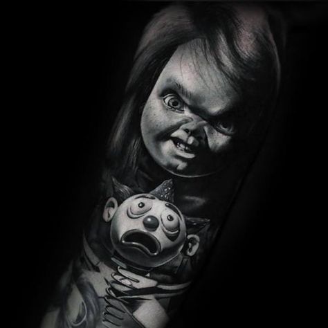 80 Chucky Tattoo Ideas For Men - Horror Movie Designs Chucky Tattoo Ideas, Thomas Carli Jarlier, Leprechaun Tattoos, Horror Sleeve, Chucky Tattoo, Horror Movie Tattoos, Realistic Tattoo Sleeve, Clown Tattoo, Movie Tattoo