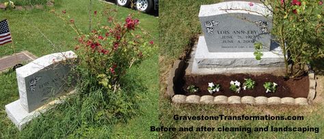 Gravestone Transformations Browns Chapel - Lois Eby   Don't let plant life take over your ancestor's memorials.   Organic life can decay monuments with their acid secretions.   Contact us today for help with cleaning or repairing your ancestor's memorial.   We also provide landscaping, decoration, photography and location services! Cemetery Plot Landscaping, Graveside Decorations, Headstone Ideas, Decoration Photography, Cemetery Decorations, Grave Decorations, Family Puzzles, Church Flower Arrangements, Outdoor Landscape