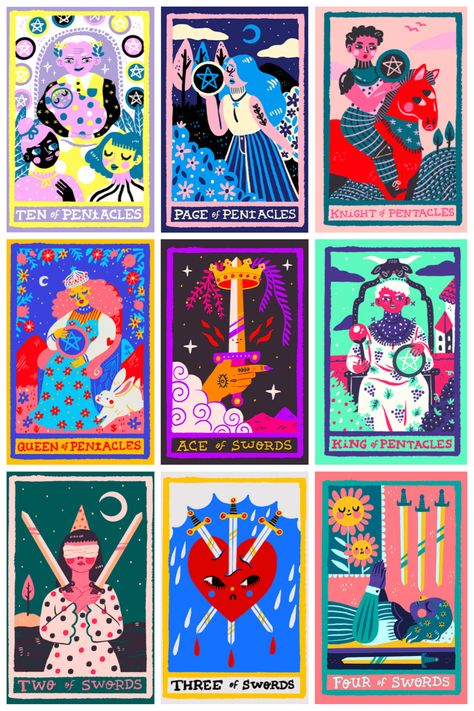 Tarot Card Design Ideas, Card Back Design, Tarot Illustration, Tarot Cards Art Illustration, Kartu Tarot, Tarot Design, Cards Illustration, Color Theory Art, Astro Tarot