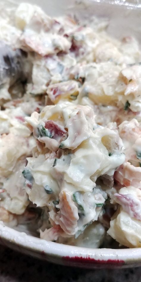 Texas Ranch Potato Salad Recipe | Allrecipes Salad Recipes Creamy, Authentic German Potato Salad, Bacon Ranch Potato Salad, Potato Salad Recipes, Ranch Potato Salad, Bacon Ranch Potatoes, Red Potato Salad, Bacon Potato Salad, Creamy Potato Salad