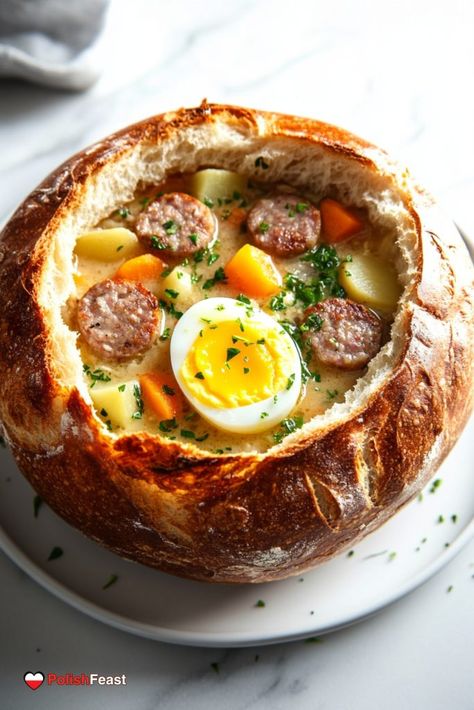 Polish Soup, White Sausage, Smoked Pork Ribs, Soup Starter, Polish Easter, Potato Dumplings, Rye Flour, Polish Recipes, Smoked Bacon