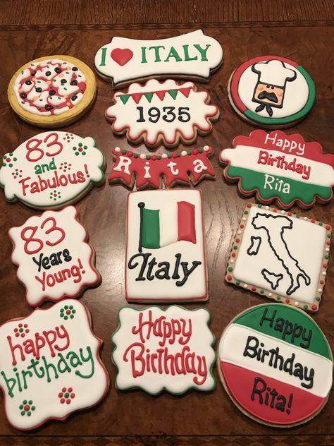 Birthday cookies for a sweet Italian woman Italian Theme Cookies, Italy Themed Cookies, Italian Themed Cookies, Italian Birthday Theme, Italy Cookies, Italian Cupcakes, Holy Ravioli, Engagement Party Cookies, Italian Birthday