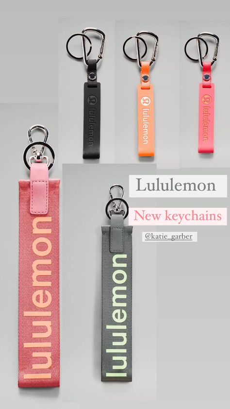 College Keychain Ideas, Cute Wallet Keychain Ideas, Lululemon Keychain Wallet, Lululemon Lanyard, Lulu Lemon Keychain, Lululemon Keychain Aesthetic, Wallet Keychain Ideas, Preppy Keychains, Cool Merch Ideas