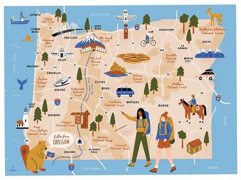 The colourful details in this Oregon map by @sunnyeckerle really bring it to life!  Love it? Find it on our online shop - mapsystudio.com.  #oregon #oregonprint #wallart #affordableart #mapsyfinds #mapillustration #mapart #illustratedmap #custommaps Oregon Map, Oregon Trip, Portland Travel, Oregon Photography, Road Trip Map, Travel Art Journal, Cannon Beach Oregon, My New Home, Pix Art