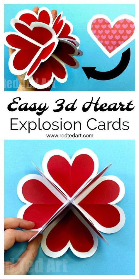 3d Heart Pop Up Valentine Card - Learn how to make these easy POP UP heart cards for Valentine's or Mother's Day. They are a great and easy alternative Explosion Card for Beginners #PopUp #Popupcards #hearts #3d #explosioncards #valentines Valentine Pop Up Cards How To Make, 3 D Cards Pop Up, Pop Up Valentine Cards Diy For Kids, How To Make Pop Up Cards Step By Step, 3d Valentine Cards, 3d Heart Card, Pop Up Valentine Cards, Heart Explosion, Explosion Card