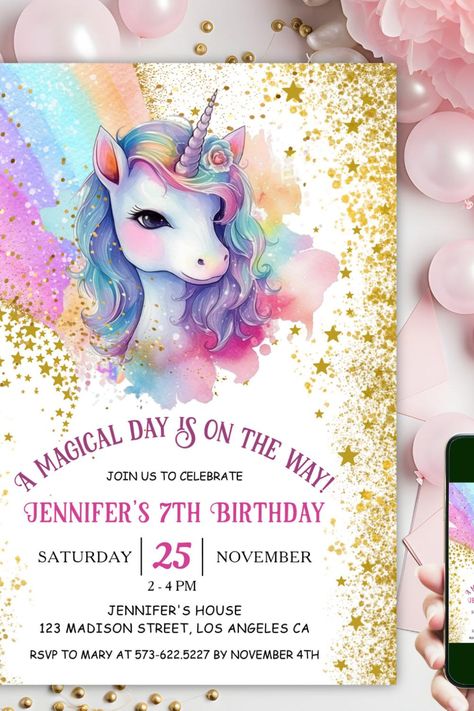 Unicorn 7th Birthday | Gold Glitter Rainbow Invitation Rainbow Invitation, Unicorn Invitation, Unicorn Birthday Invitation, Rainbow Birthday Invitations, Rainbow Invitations, Birthday Gold, Glitter Rainbow, Unicorn Birthday Invitations, Unicorn Invitations