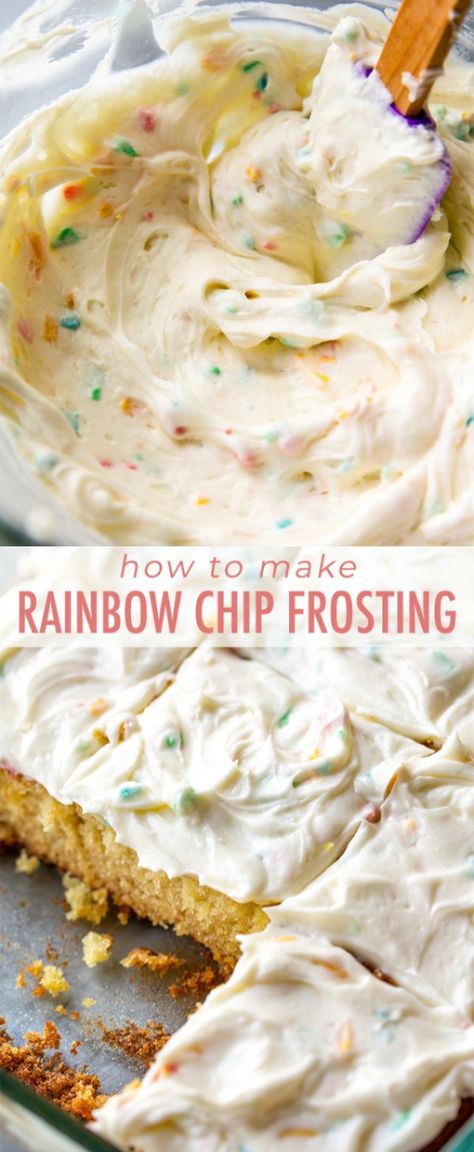 How to make sweet and cream rainbow chip frosting at home! Tastes even better than the real deal! Recipe on sallysbakingaddiction.com Frosting Tricks, Rainbow Chip Frosting, Easy Cake Decorating, Icing Recipe, Frosting Recipes, Sweets Treats, Easy Cake, Let Them Eat Cake, Just Desserts