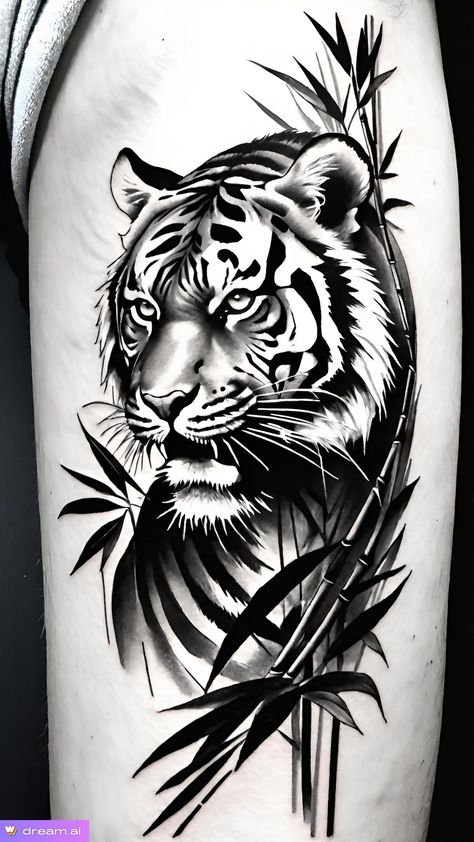 Tiger Back Tattoo, Tiger Tattoo Thigh, Polka Tattoo Designs, Mens Tiger Tattoo, Trash Polka Tattoos, Tiger Head Tattoo, Leg Sleeve Tattoos, Trash Polka Tattoo Designs, Leg Tattoo Ideas