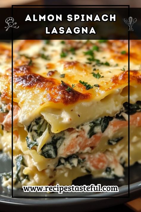 This creamy and delicious Salmon Spinach Lasagna features layers of tender lasagna noodles filled with a rich mixture of flaked salmon, fresh spinach, and a blend of cheeses, all topped with a luscious white sauce. Perfect for a family dinner or a special occasion! Salmon Lasagna, Mexican Lasagna Recipes, Flaked Salmon, Salmon Spinach, Lasagne Recipes, Lasagna Noodles, Spinach Lasagna, Fresh Spinach, Spinach Recipes