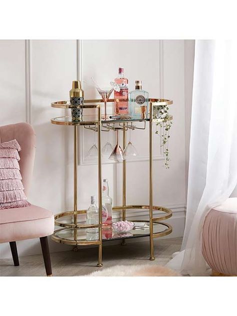 Primark's GOLD bar cart is back and here's how you can buy it | HELLO! Drinks Corner, Pink Interiors, Gold Drinks, Bar Trolley, Drink Stand, Gold Bar Cart, Drinks Trolley, Corner Space, Bar Designs