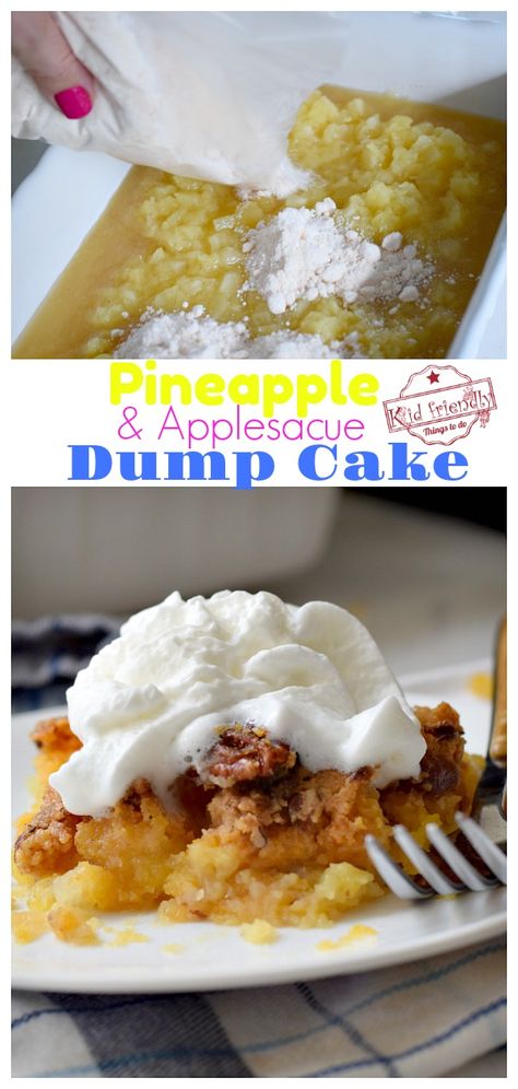 Pineapple Dump Cake is so easy and so delicious. It's the perfect dessert for potlucks and busy nights. www.kidfriendlythingstodo.com #pineapple #dump #cake #apple #easy #dessert #fun Peach Pineapple Dump Cake, Applesauce Dump Cake, Apple Pineapple Dump Cake, Dump Cake Apple, Apple Dump Cake With Pie Filling, Pineapple Bake, Recipe With Applesauce, Pineapple Cobbler, Pineapple Dump Cake Recipe