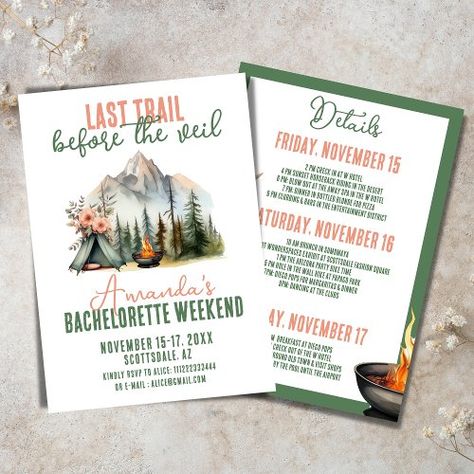 $2.09 | Last Trail Glamping Bachelorette Itinerary Weekend | Bachelorette Party Invitations | camping bachelorette, mountain, bachelorette itinerary, glamping, last trail before the veil, girls trip, hiking, cabin, summer camp, travel Bachelorette Party Places, Glamping Bachelorette, Cabin Summer, Arizona Party, Last Trail Before The Veil, Mountain Bachelorette, Camping Bachelorette, Veiled Girl, Bachelor Party Invitations