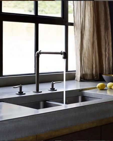 Hetherington Newman, Down Aesthetic, Industrial Luxe, Kitchen Basin, Brushed Nickel Kitchen, Industrial Chic Style, Bespoke Kitchen Design, Brass Tap, Concrete Basin