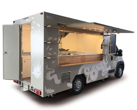 Peugeot Boxer Food Truck for vending fish in Austria | SanFish Seafood Truck Design, Seafood Food Truck, Foodtruck Design, Food Truck Design Interior, Foodtrucks Ideas, Street Food Business, Coffee Food Truck, Gerobak Dorong, Pizza Food Truck