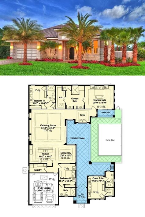 Florida-Style House Plan Surrounds Central Courtyard Pool and Includes a Detached In-Law Casita Mother In Law Suite, Inlaw Suite, Colonial Cottage, Central Courtyard, Courtyard Pool, Southern Traditional, Gambrel Roof, Mansion Floor Plan, European Farmhouse