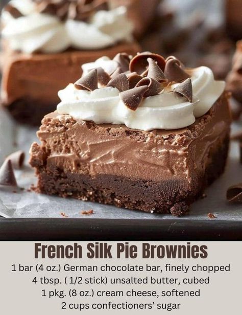 French Silk Pie Brownies French Silk Brownies, German Chocolate Bars, All Recipes Pancakes, Desserts Brownies, Hawaiian Banana Bread, Sour Cream Sugar Cookies, Pie Brownies, French Silk Pie, Silk Pie