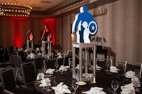 Marvel Centrepiece, Marvel Centerpieces, Avengers Theme, Bat Mitzvah, Party Planner, Quince, Sweet 16, Event Design, Captain America