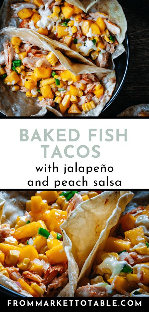 Fish Tacos With Peach Salsa, Baked Fish Tacos, Jalapeño Salsa, Recipe Folder, Peach Salsa, Fish Taco, Peach Puree, Cod Recipes, Peach Recipe