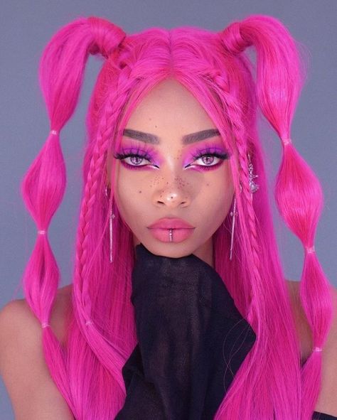 Bright pink wig | hairstyles for black women | cute hairstyles | easy hairstyles Antenna Hairstyle, Alien Hairstyle, Neon Wig, Kids Braids With Beads, Ruby Bell, Seussical Jr, Alien Party, Face References, Alien Costume