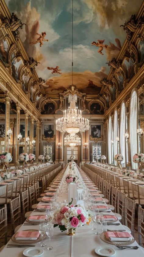 A ballroom with rococo and baroque elements, featuring a grand chandelier and floral arrangements for a wedding. Rococo Revival Wedding, 1700 Aesthetic, Rococo Party, Royal Wedding Theme, Wedding Outline, Royal Wedding Aesthetic, Royalty Wedding Theme, Rococo Wedding, French Style Wedding