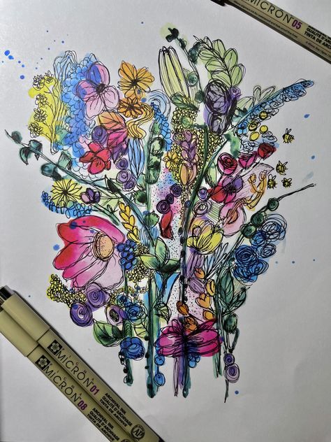 floral watercolor on paper, messy pen lineart, micron pens, white background Reverse Colouring Book, Windsor And Newton Promarkers, Color Inspo, Art Techniques, Coloring Books, Doodles, Art Drawings, Books, Drawings