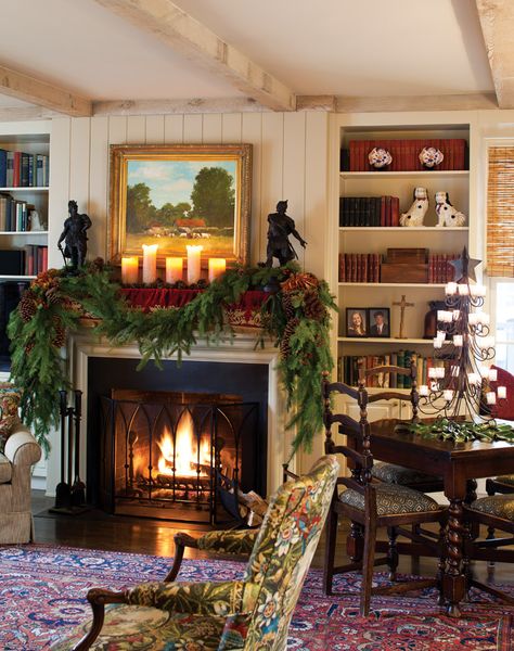 Victoria Classics Holiday Bliss 2015 - victoriamag.com Cozy Christmas Living Room, French Country Living Room, Christmas Fireplace Decor, Traditional Christmas Decorations, Christmas Decor Inspiration, Christmas Interiors, Christmas Living Rooms, Country Living Room, Christmas Fireplace