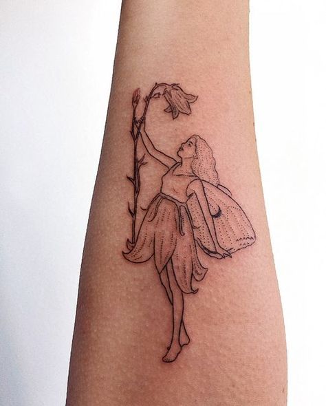 Snowdrop Fairy Tattoo, Bluebell Fairy Tattoo, Fairy Holding Flower Tattoo, Flower People Tattoo, Baby Fairy Tattoo, Fairy And Flower Tattoo, Flower Fairies Tattoo, Fairy Flower Tattoo, Bell Flower Tattoo