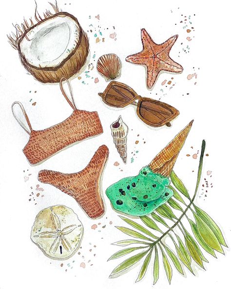 Boho Beach Aesthetic art print is a print of a my hand drawn, beachy bohemian watercolor painting featuring various beach icons including a swimsuit, melted ice cream, shells, a starfish, a coconut, a palm frond, and sunglasses. It is printed on a cold press, watercolor textured paper. Acid free, archival, and very sturdy with a matte finish. They are quickly shipped in both a plastic protective sleeve and a rigid mailer to ensure its safety during shipping. Each print is made to order- printed, Beach Aesthetic Art, Boho Beach Aesthetic, Beachy Paintings, Bohemian Watercolor, Melted Ice Cream, Beachy Wall Art, Beachy Art, Beach Icon, Beach Painting