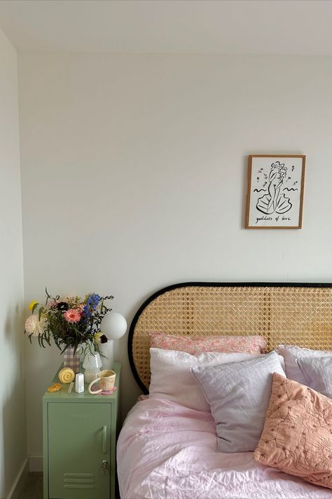 Green And Pink Bedroom Decor, Green And Pink Bedroom, Maximalist Room, Lilac Gingham, Rattan Bedroom, Danish Pastel Decor, Mustard Made, Danish Pastel Aesthetic, Rattan Headboard