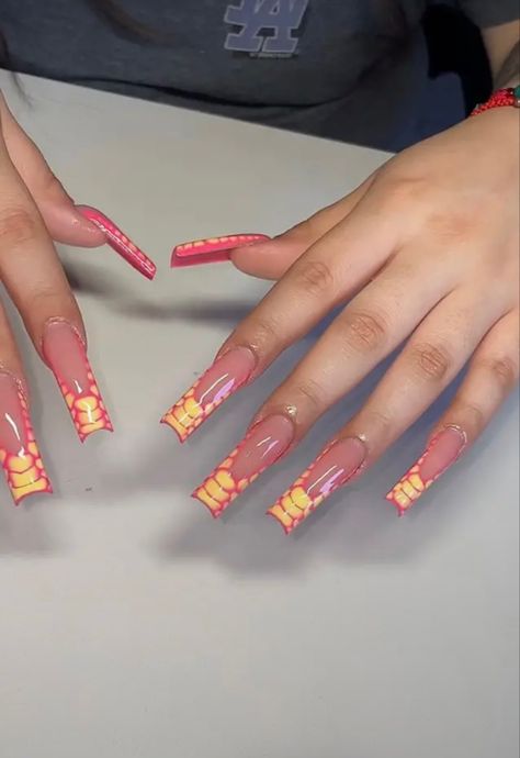 Yellow Croc Print Nails, Pink Snake Skin French Tip Nails, Pink Lemonade Nails Acrylic, Yellow Crocodile Nails, Long Bright Nails, Yellow Junk Nails, Yellow Croc Nails, Pink Snake Skin Nails, Yellow Nail Set