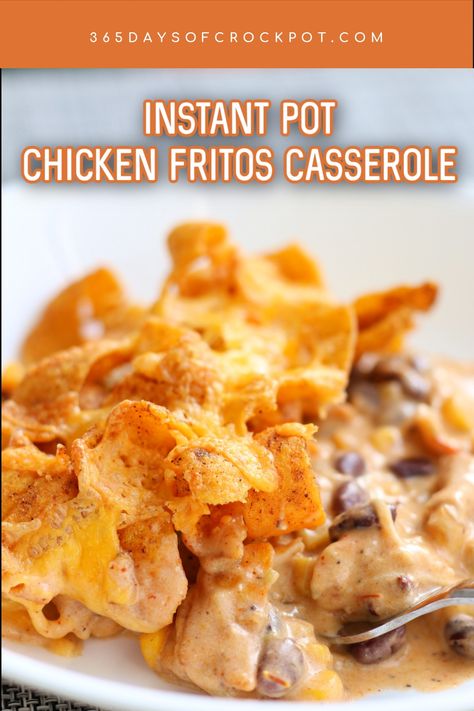 Instant Pot Frito Chicken Casserole–creamy chicken casserole with corn, beans and green chiles. It’s topped with a crispy Frito cheesy topping. Mexican Chicken Casserole With Fritos, Taco Chicken Rice Instant Pot, Crockpot Frito Casserole, Instapot Taco Casserole, Mexican Casserole Instant Pot, Instant Pot Casserole Recipes, Frito Chicken, Casserole With Corn, Ip Chicken