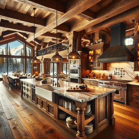 Immerse in the allure of this luxe, rustic ski cabin kitchen with reclaimed wood accents, a marble workspace, vintage cast-iron stove, and picturesque views. Perfect for après ski family gatherings. 
#SkiCabin #LuxuryKitchen #RusticInteriors #MountainLiving #CabinAesthetic #VintageStove Luxury Log Cabin Kitchen, Log Cabin Kitchen Ideas Mountain, Cabin Kitchen Design Ideas, Cabin House Kitchen, Ski Cabin Kitchen, Cabin Interiors Kitchen, Mountain Cabin Kitchen, Mountain Homes Interiors, Log Cabin Kitchen Ideas