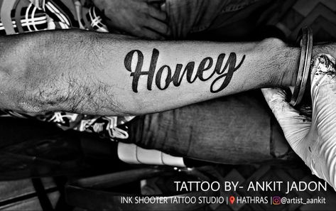 Honey name tattoo on hand Honey Name Tattoo, Shooter Tattoo, Honey Name, Name Tattoo On Hand, Names Tattoos For Men, Tattoo On Hand, Name Tattoo, Name Tattoos, Tattoo On