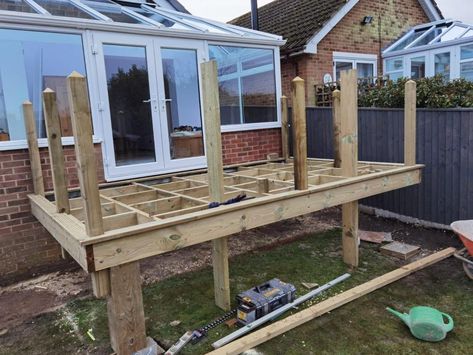 Raised decking platform - pics Raised Decking, Deck Platform, House Uk, Structural Engineer, Raised Deck, Raised Patio, Joist Hangers, Small Theatre, Outdoor Buildings