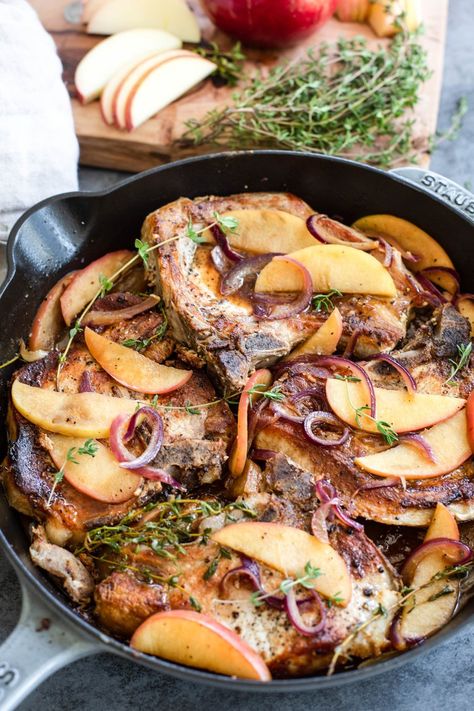 Skillet Pork Chops with Apples — My Diary of Us Pork Chops And Onions, Pork Chops Apples, Apple Cider Pork Chops, Pork Chops With Apples, Bone In Pork Chops, Skillet Pork Chops, Dijon Sauce, Apple Pork Chops, My Diary